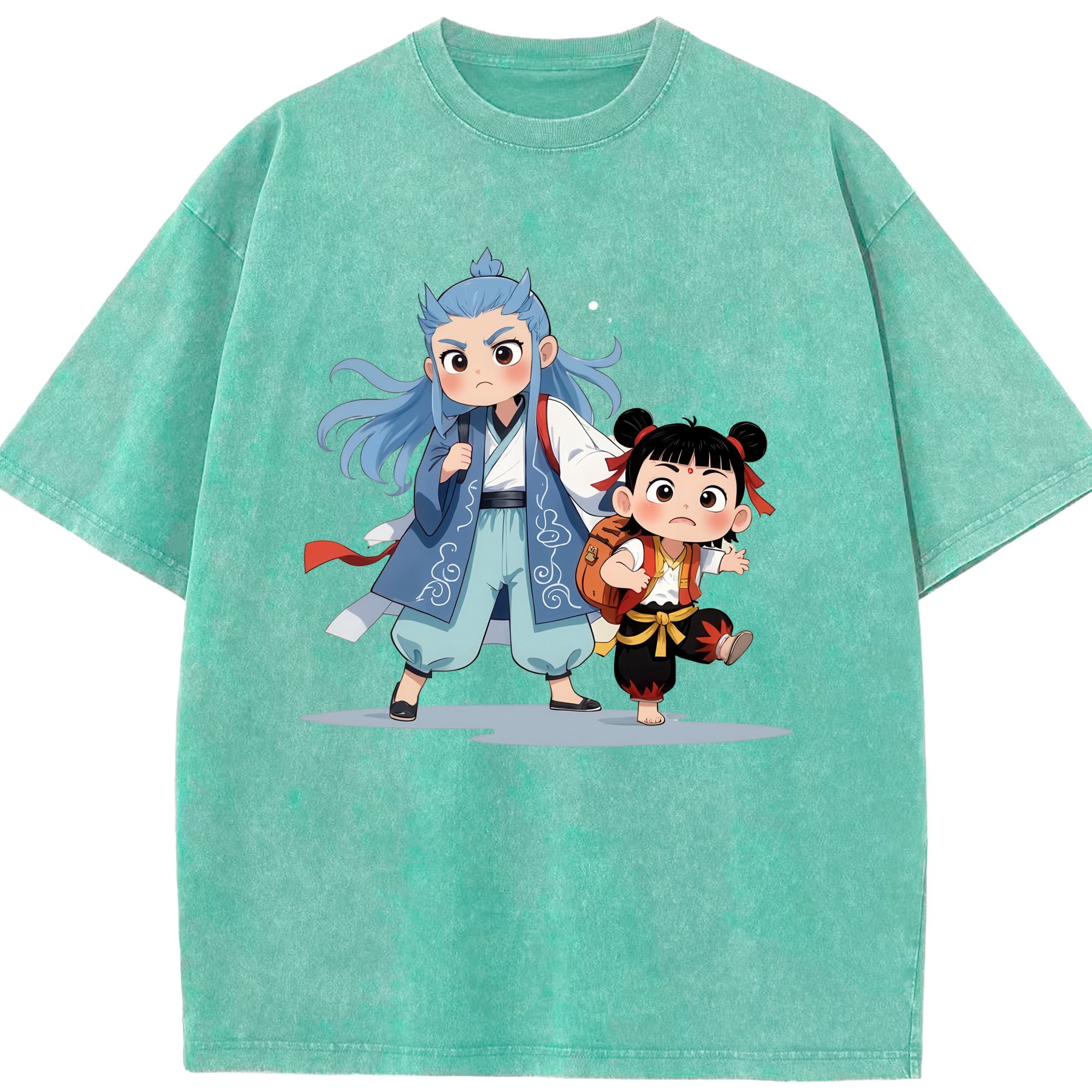 （画像用） Ne Zha 2 ナタ 魔童の大暴れ 綿100% ヴィンテージ風 半袖Tシャツ（フロントプリント）